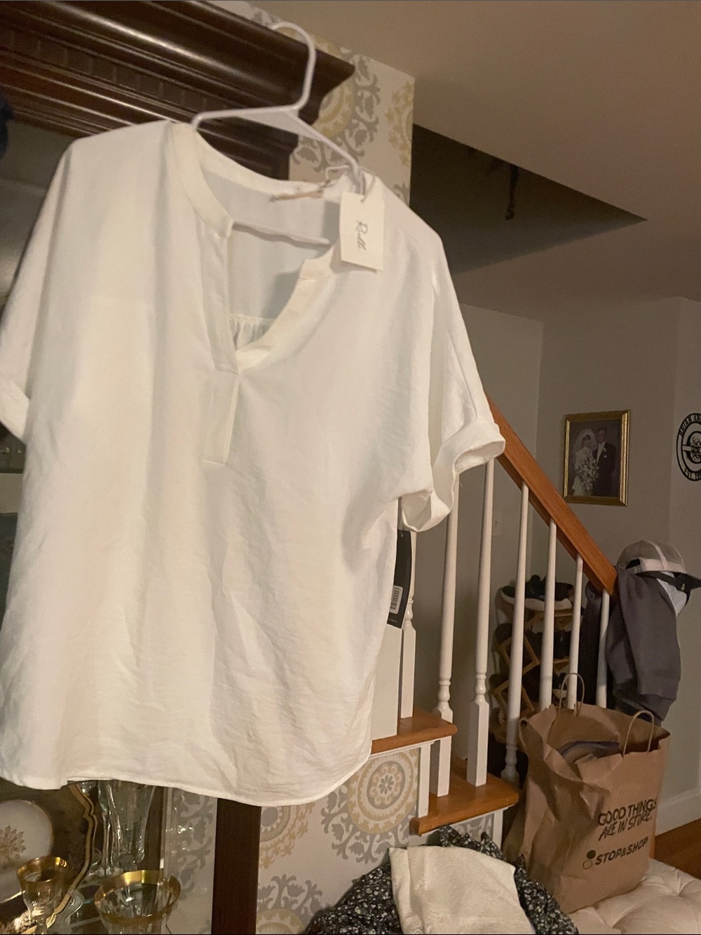 Relaxed White V-Neck Short Sleeve Blouse